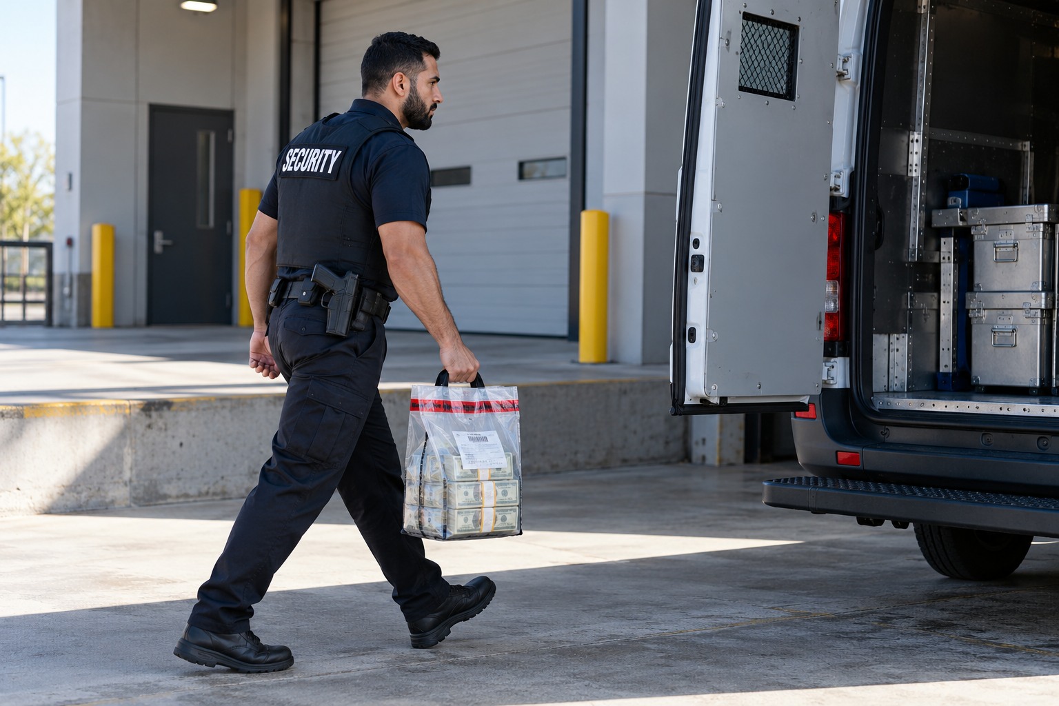 A Middle Eastern male ARMED private security officer with a clearly visible safely holstered handgun on duty belt carrying a sealed cash transport bag toward a secure transport van in an outdoor loading bay. Full body side view, no other people, no drawn weapon.