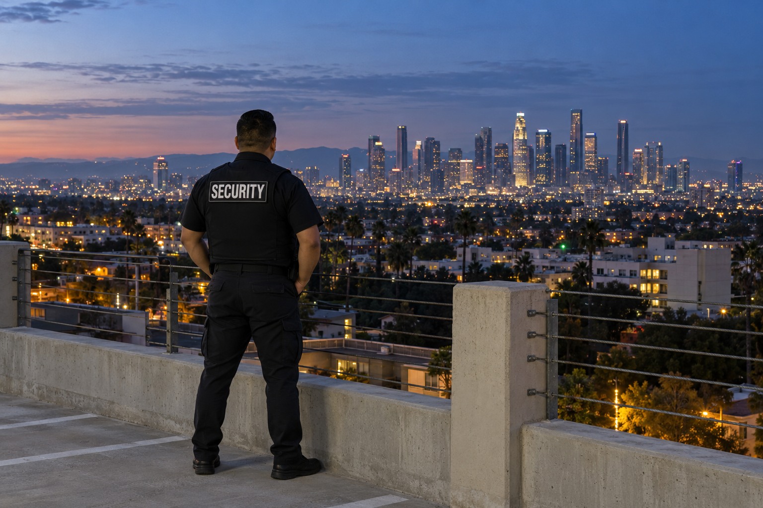 A Mexican male officer alone on an elevated parking deck in Baldwin Hills looking across the Los Angeles skyline at blue hour, dramatic wide shot from behind.