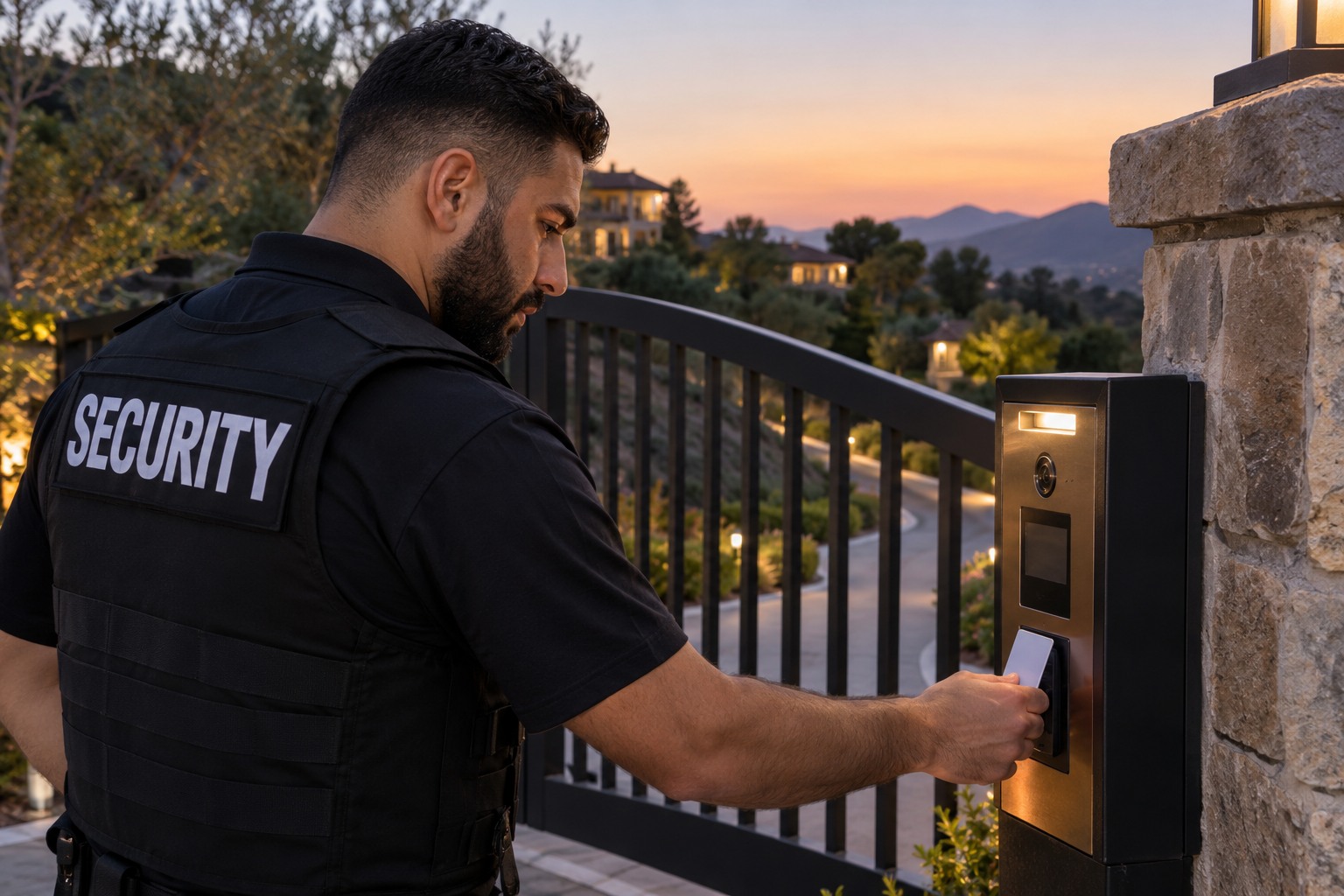 A Middle Eastern male officer examining an electronic gate reader at a hillside Calabasas community, dusk, close environmental view of hands and profile, no other people.