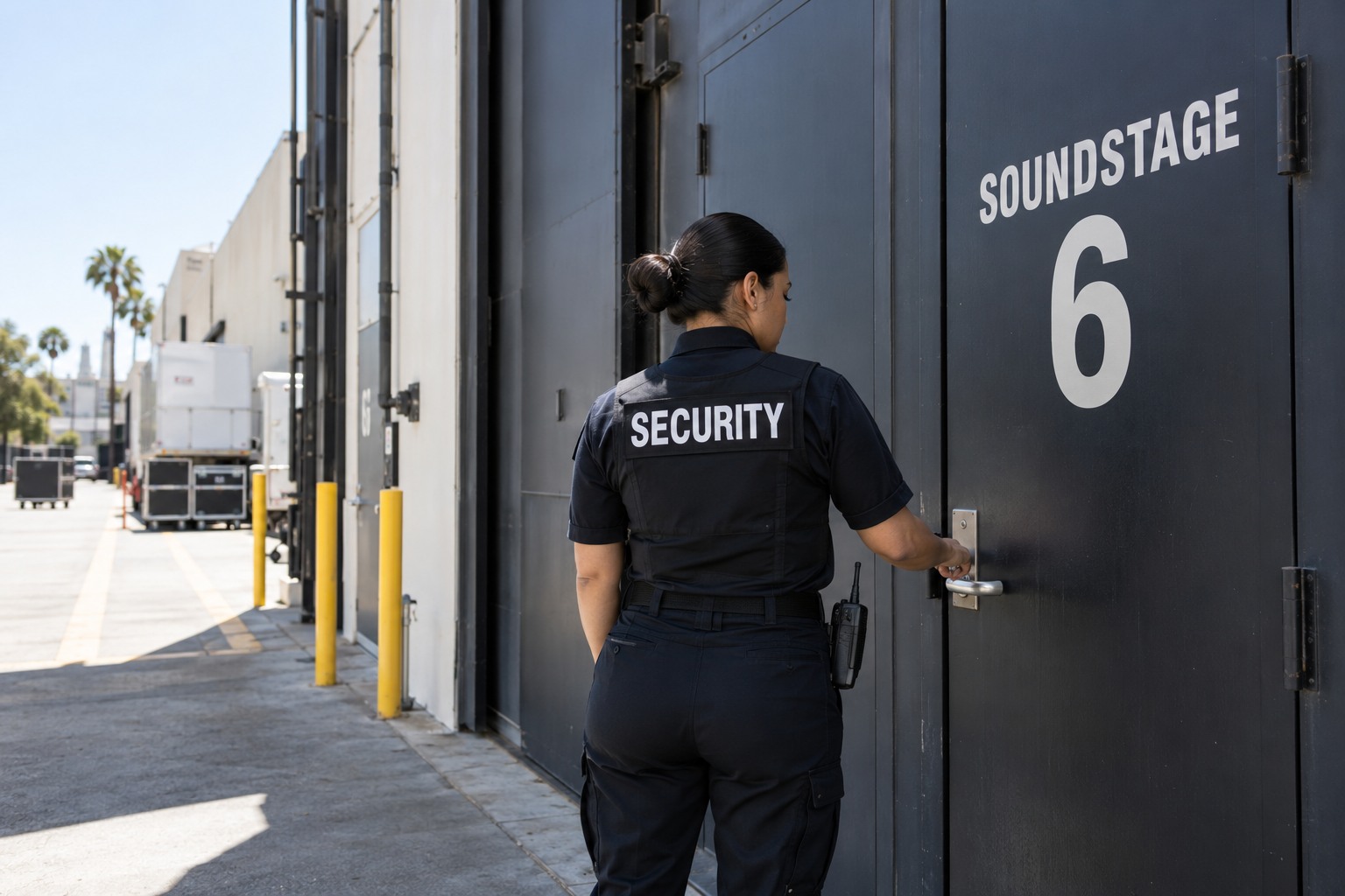 A Mexican female officer alone checking a locked film studio soundstage entrance in Culver City, industrial architecture, bright daylight, three-quarter rear view.