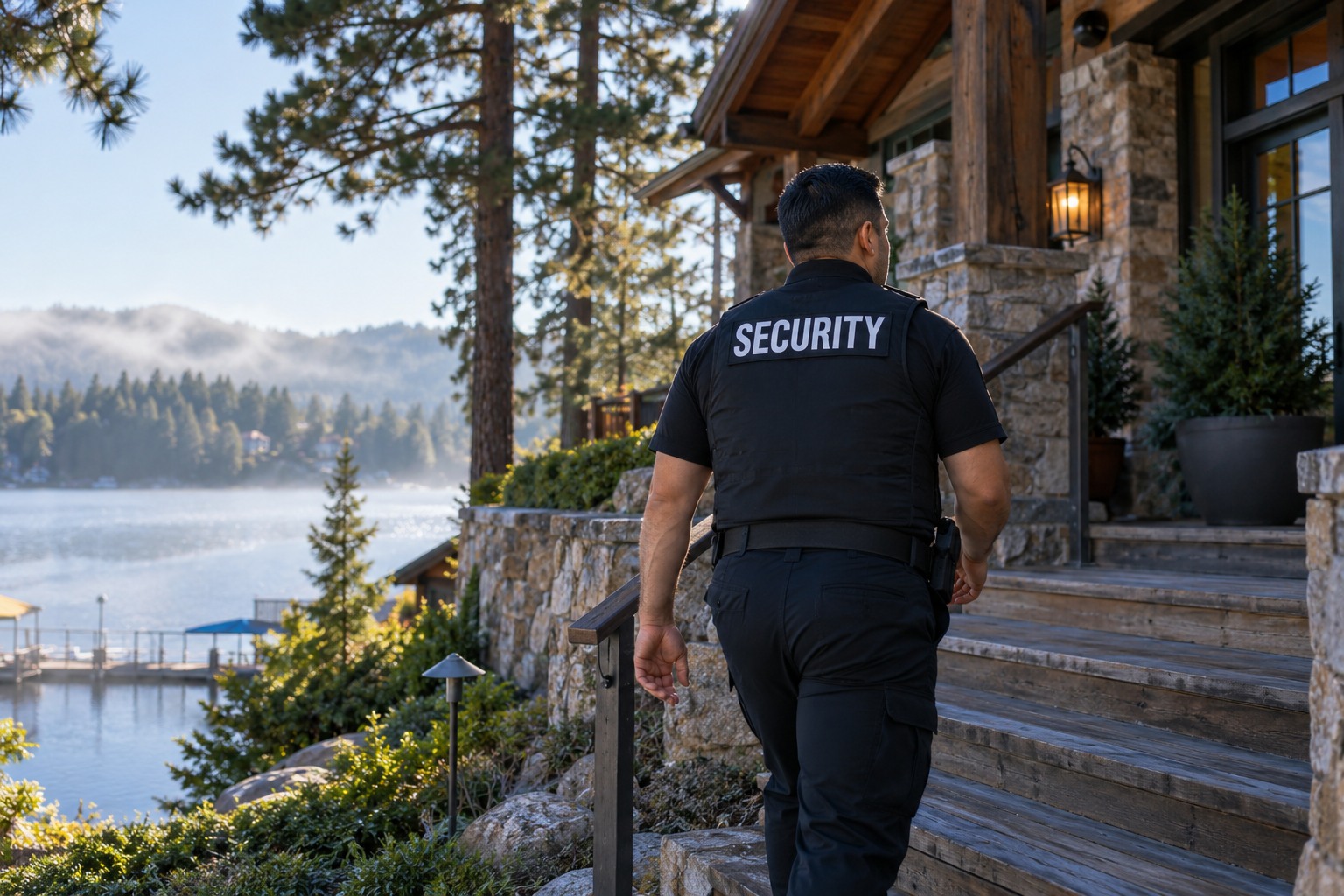 A Mexican male officer inspecting a lakeside lodge exterior in Lake Arrowhead, pine trees and lake, morning mist, walking up wooden steps seen from behind.