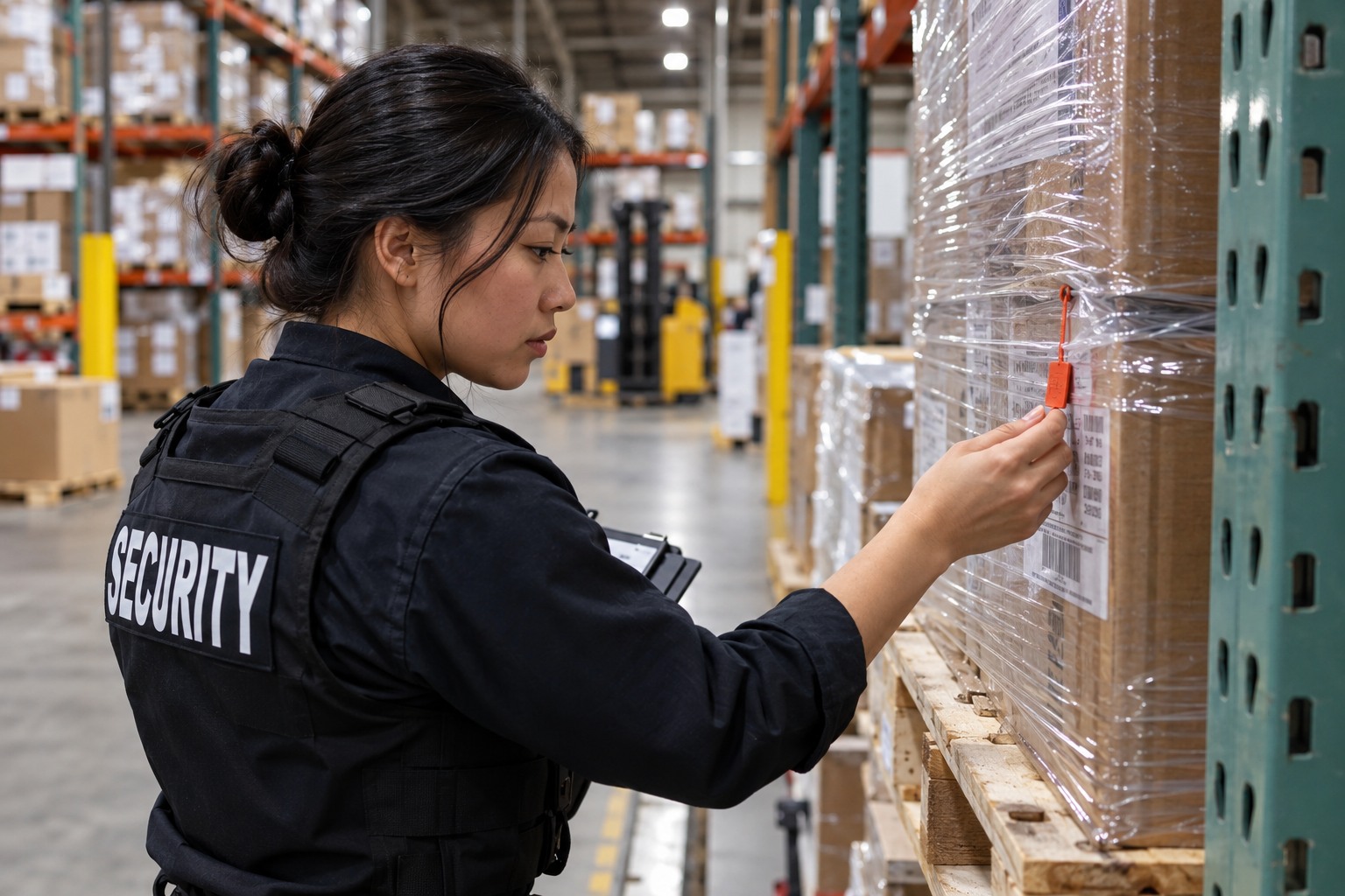 An Asian female officer alone examining an inventory seal on a pallet in a Rancho Cucamonga logistics warehouse, steel racks and boxes, side profile close environmental shot.