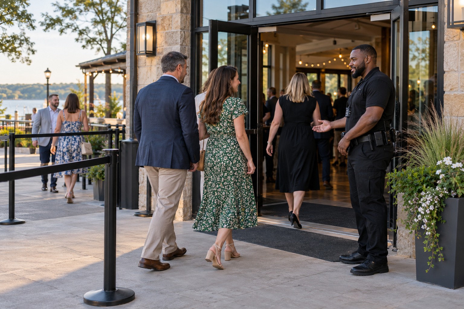 Event security officer assisting guests at an orderly venue entrance.