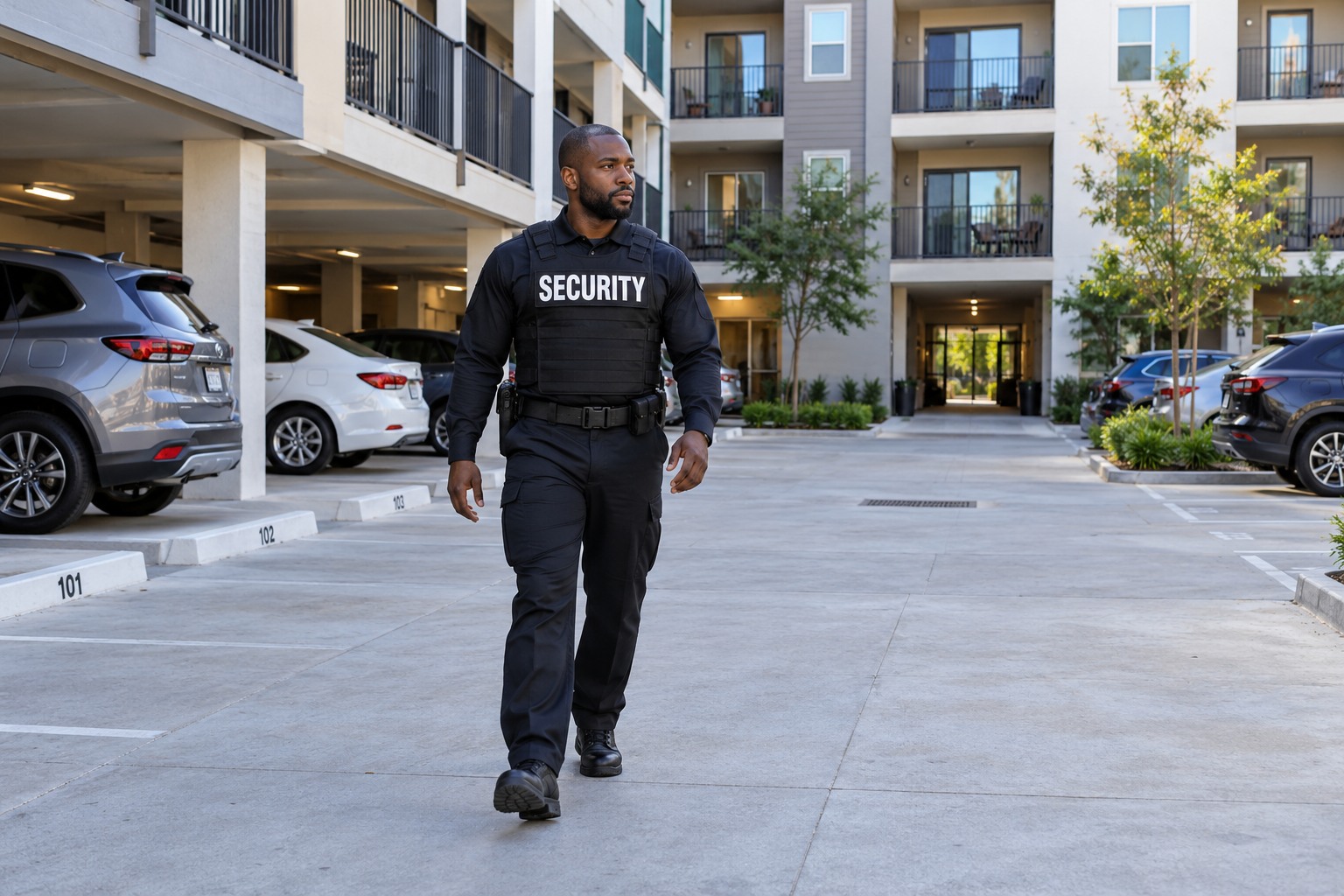 A Black male security officer walking through an apartment parking courtyard, balconies and numbered residential parking spaces, complete body and hands and head with generous margins.