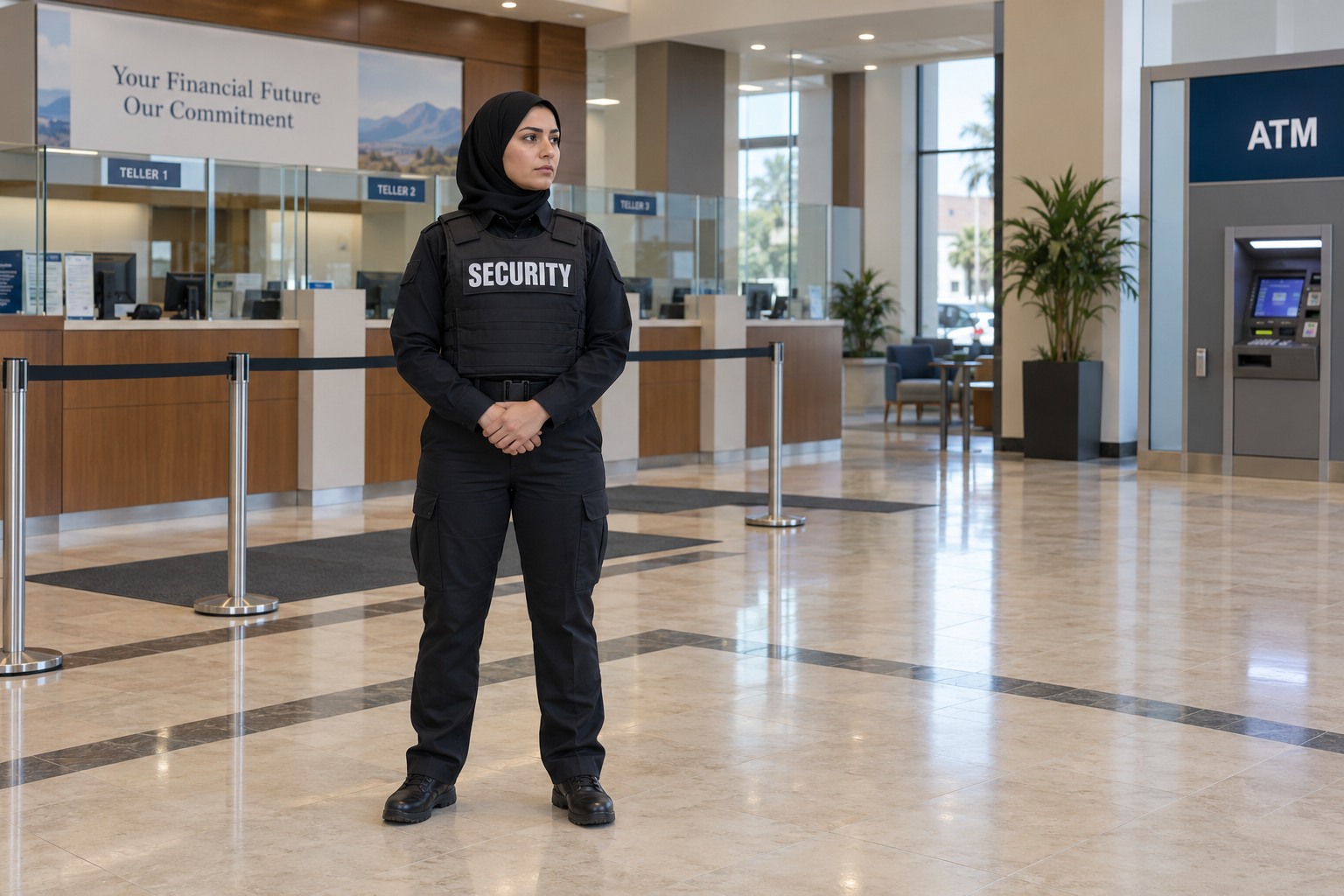 A Middle Eastern female unarmed officer standing watch in a bank lobby with teller counters and ATM, no interaction, full body head to toe, generous margins.