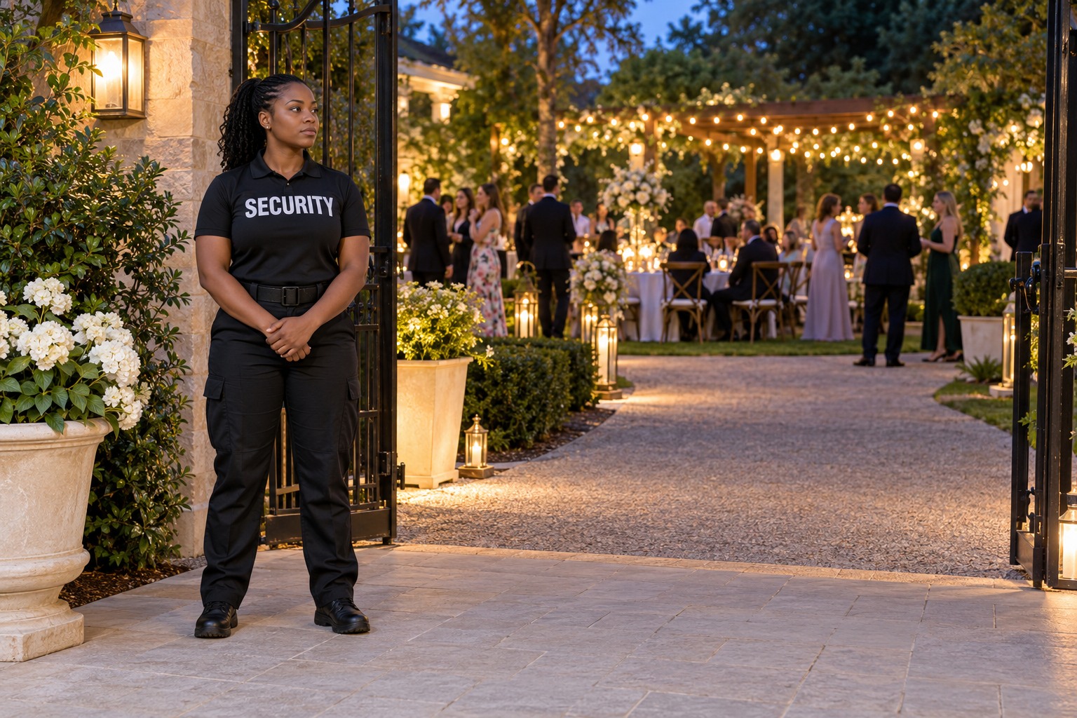 A Black female security officer standing beside the entrance of an elegant evening garden reception, guests and tables beyond, no badges being checked. Full body and complete hands and head, generous margins.