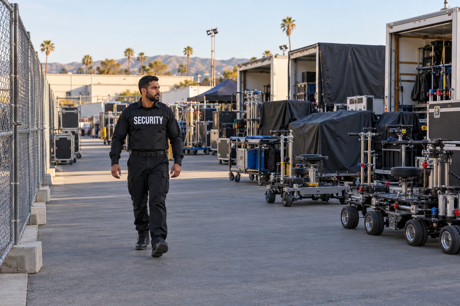 A Middle Eastern male security officer patrolling a film production equipment storage perimeter, camera dollies and covered equipment trucks, no guest checking. Full body and entire equipment carts in frame, generous margins.