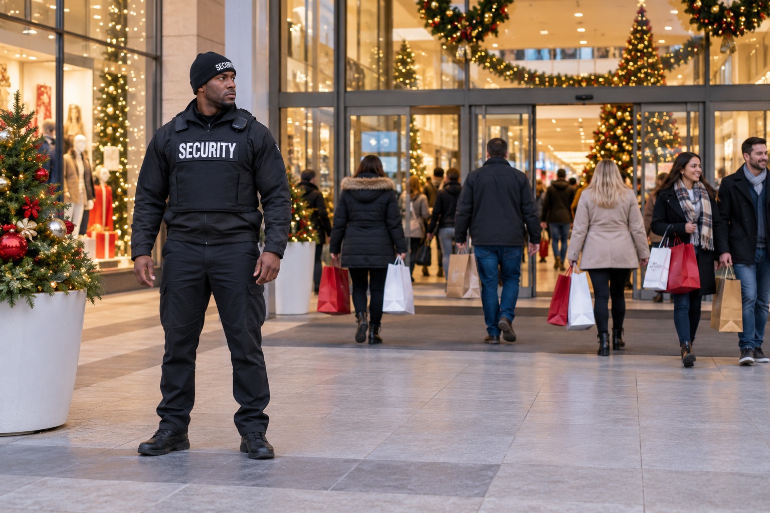 A Black male officer overseeing a busy holiday shopping center entrance, shoppers carrying shopping bags, decorated retail storefronts, not a dispensary. Full body head to toe, generous margins.