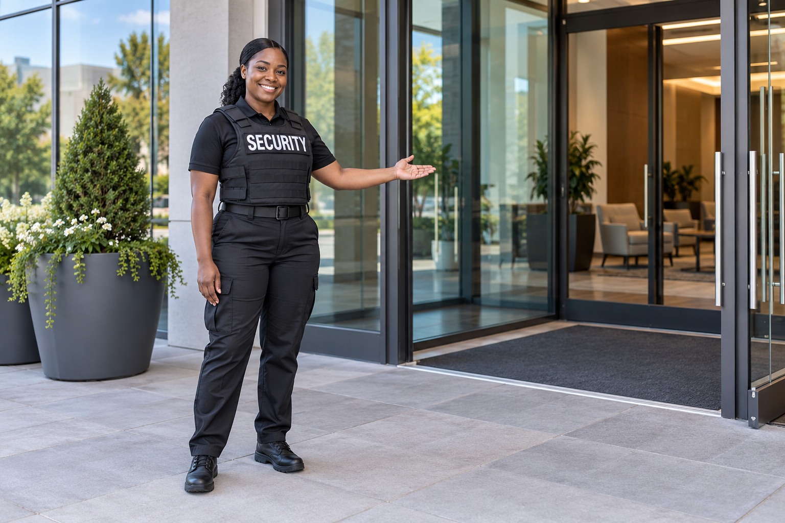 A Black female unarmed officer welcoming visitors from beside a modern business entrance, solo foreground, full body head to toe and complete hands with generous margins.