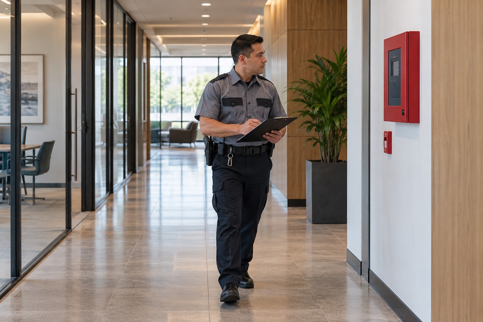 Uniformed professional reviewing a commercial corridor near fire safety equipment.