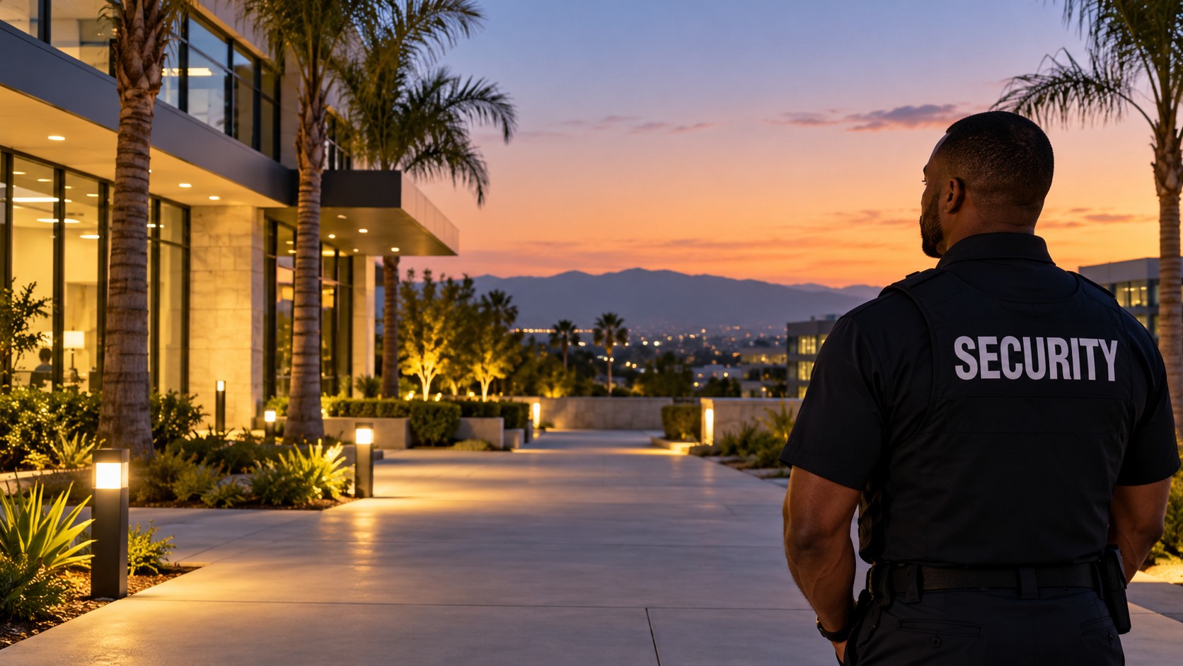 Security officer watching a Southern California commercial property at twilight