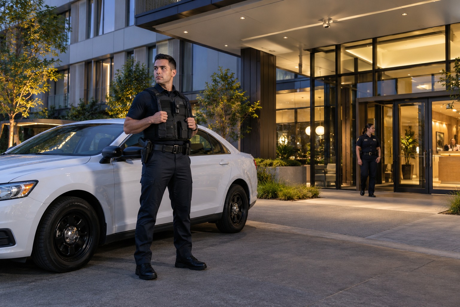 Security officers near a patrol vehicle and a commercial lobby entrance.