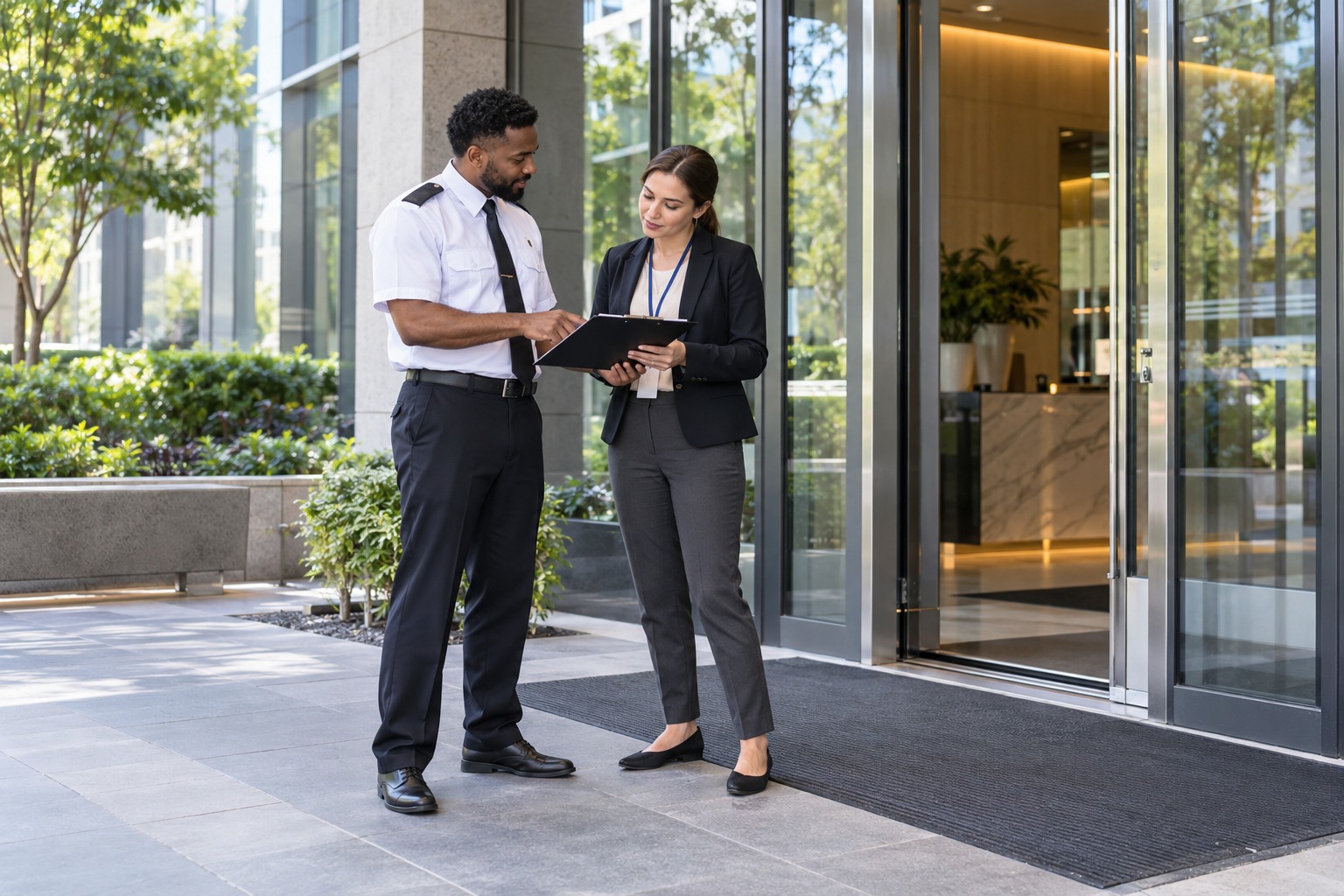 Security officer discussing commercial entrance access with a property manager.