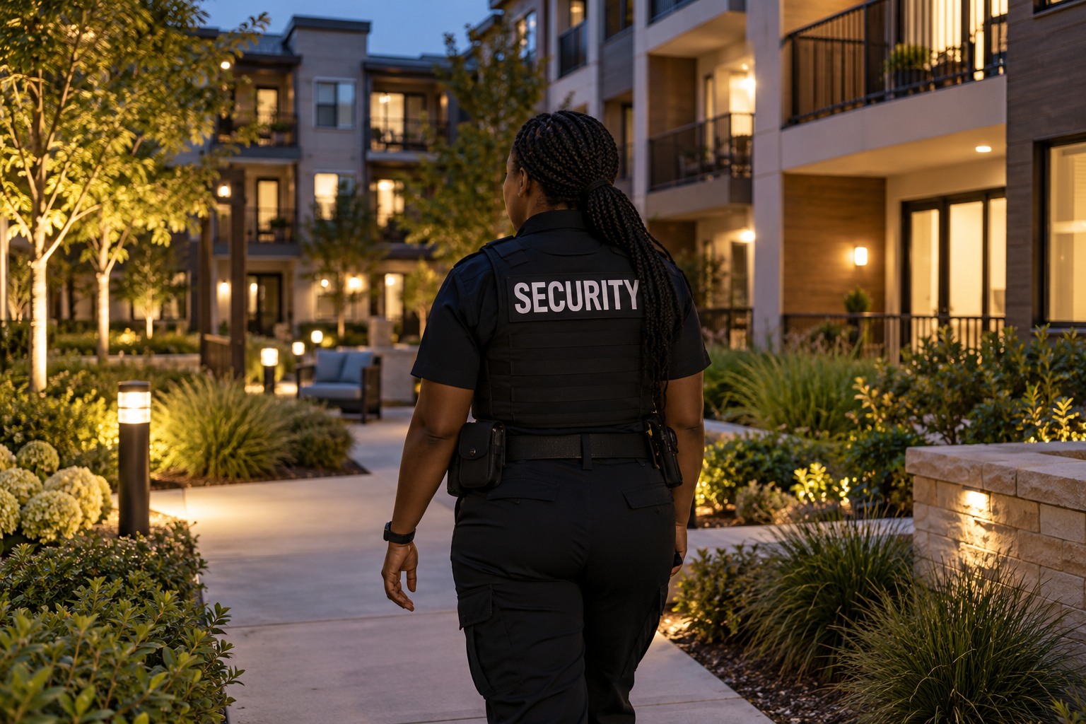 Black female officer patrolling a landscaped apartment courtyard after sunset, rear view, softly lit balconies, no other foreground people.