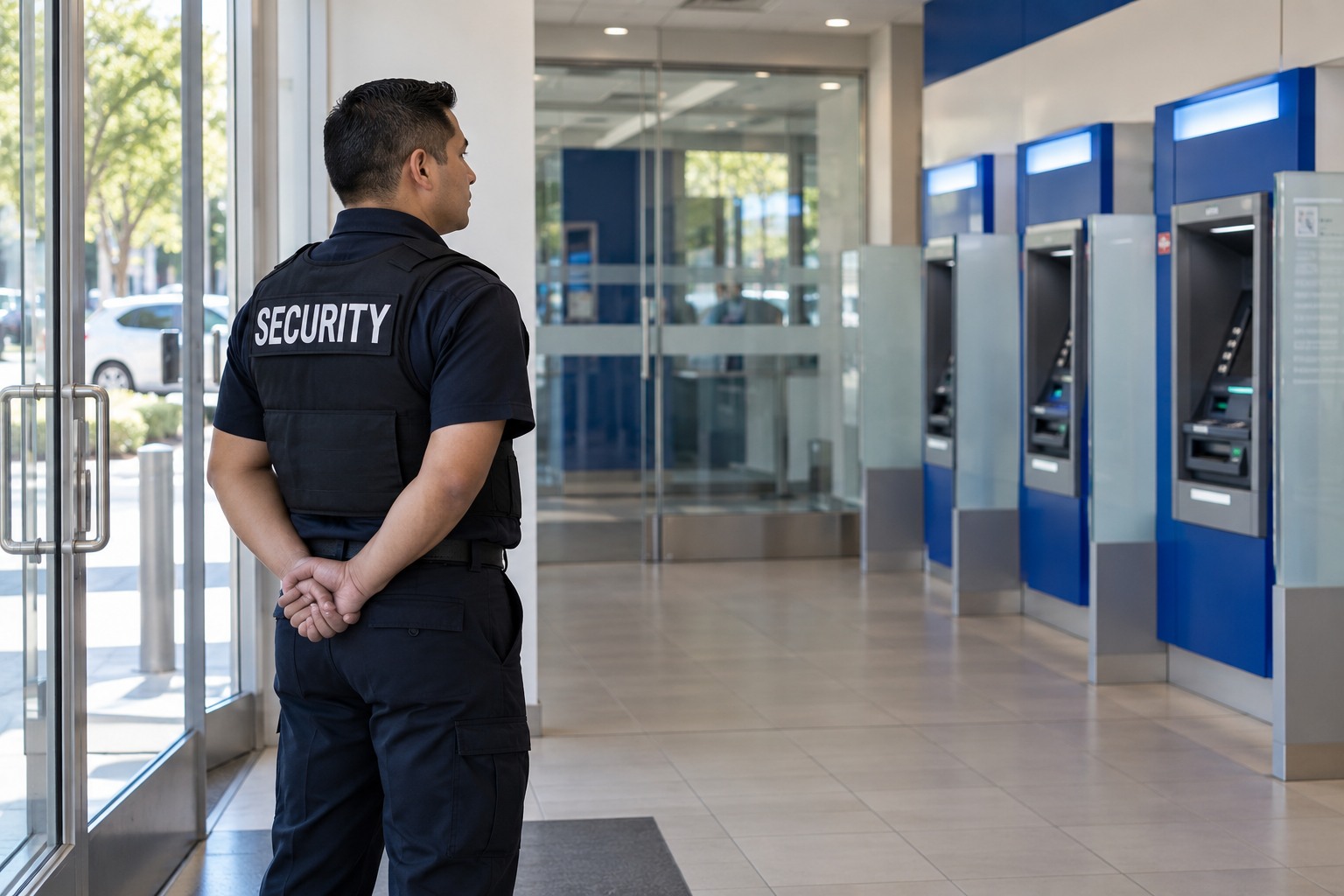 Mexican male officer monitoring an ATM lobby alone from near its glass entrance, morning, side view, no transaction or conversation.