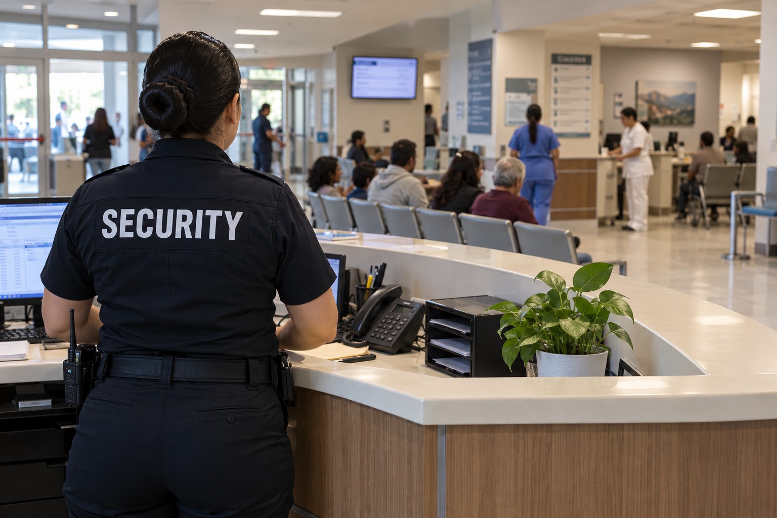 Mexican female officer monitoring a hospital waiting room from a reception station, wide rear view with SECURITY on her shirt, nurses and visitors distant.
