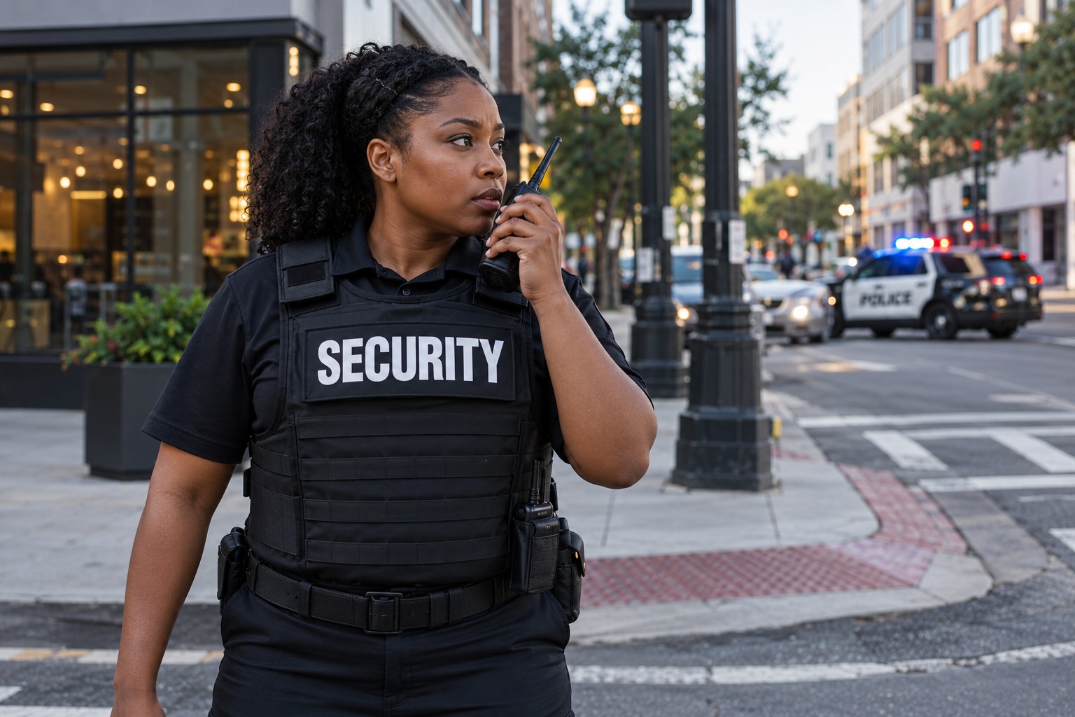 Black female private security officer making a radio call alone at a commercial street corner, distant police car in background, clear SECURITY uniform distinct from police.