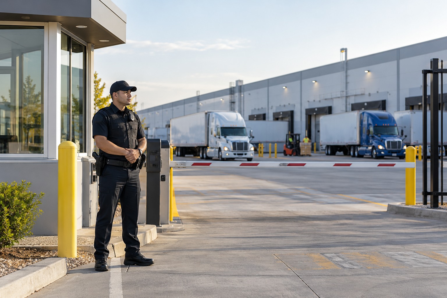 Security officer at a distribution center gate with trucks and loading bays.
